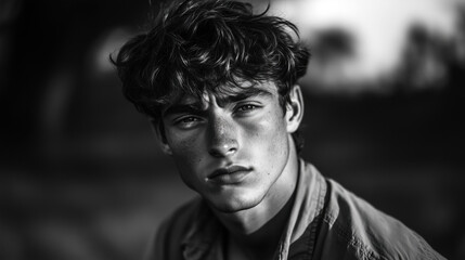 Obraz premium handsome man, melancholy expression, emotional portrait, sad eyes, pensive look, thoughtful pose, introspective gaze, contemplative mood