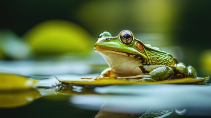 Naklejka premium A close-up of a green frog on a lily pad in a calm pond, blending perfectly with its surroundings