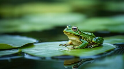 Obraz premium A close-up of a green frog on a lily pad in a calm pond, blending perfectly with its surroundings