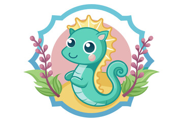 Fototapeta premium Cute Cartoon Seahorse with Floral Frame