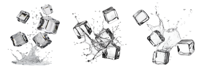 Collection set of clear white many ice cubes icecubes splash explosion swirl wave of water liquid on transparent cutout PNG. Many different angles. Mockup template artwork graphic design
