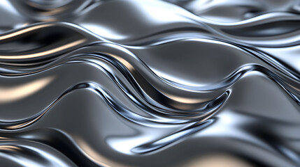 A close-up view of shiny metallic waves reflecting light in an abstract pattern, capturing the interplay of texture and form. Abstract silver background.