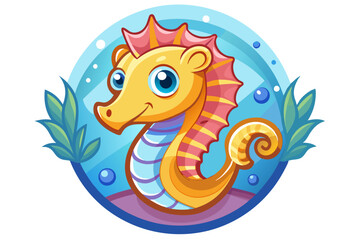 Cartoon Seahorse with Smiling Face in Ocean-Themed Circle