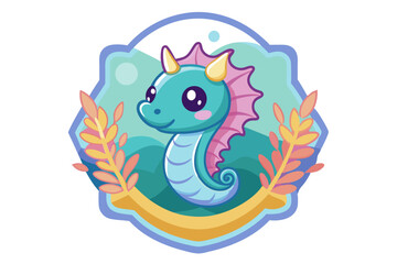 Cute Cartoon Seahorse with Floral Decor in a Blue Frame