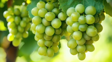 A close-up of green grapes hanging on the vine, ready to be harvested, symbolizing abundance