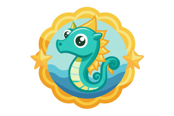 Fototapeta premium Cartoon Seahorse with Yellow Stars and Waves in a Circular Frame