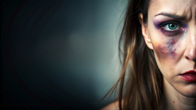 Portrait of a young woman with bruises on her face, dark background. Concept of fighting domestic violence