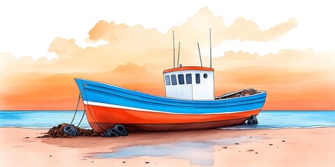 Naklejka premium A vibrant fishing boat stranded on a tranquil beach at sunset, showcasing serene colors and peaceful ocean vibes.