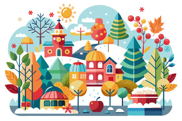 Colorful Winter Village Illustration with Buildings, Trees, and Snow
