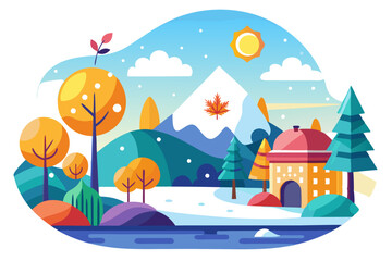 Winter Wonderland Scene with a House and Mountain