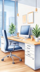 Fototapeta premium Bright and modern office interior featuring a desk, computer, plants, and large windows, perfect for productivity and inspiration.