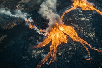 Naklejka premium A dramatic aerial capture of a volcanic explosion with bright lava streams branching out from the fiery source, displaying the breathtaking power of volcanic activity.