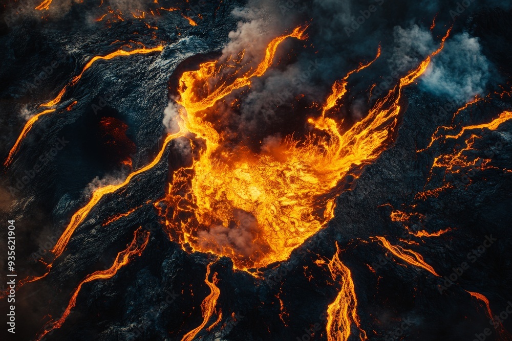 Aufkleber an erupting volcano releases hot molten lava and gases, creating a mesmerizing fiery display with st