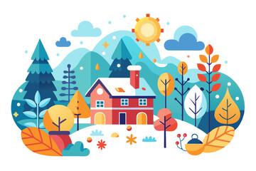 Obraz premium A charming red house nestled in a colorful winter landscape