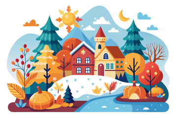 Autumnal Village Scene with Two Houses and Pumpkins by a River