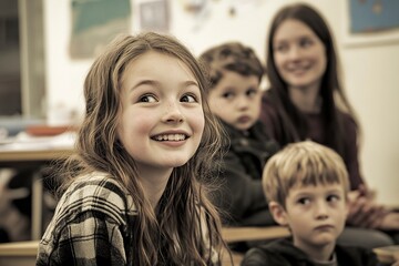 Fototapeta premium Happy kids and teacher at school. Woman and children are talking in the class. generative ai