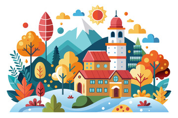 A Colorful Village Scene with Buildings, Trees, and a Mountain