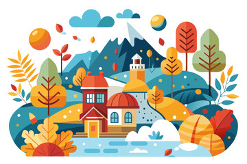 A picturesque fall landscape with a snowy mountain, houses, trees, and a river.