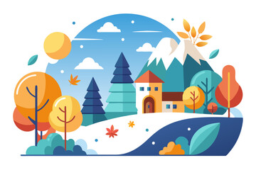 Autumnal Landscape with a House, Mountains, and Trees