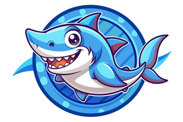 Naklejka premium Cartoon Shark with Big Grin in Blue Circular Frame