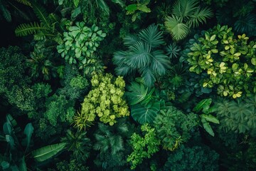 This overhead image displays the vibrant and lush green canopy of a jungle. The image portrays an array of plant species, illustrating the jungle's dense and thriving ecosystem.