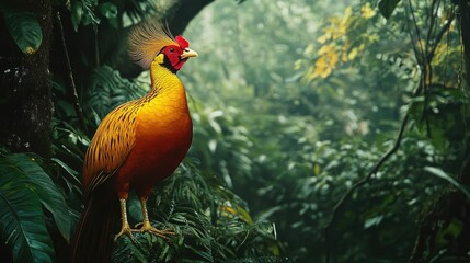 Fototapeta premium A golden pheasant standing proudly in a lush green forest, showcasing its vibrant plumage