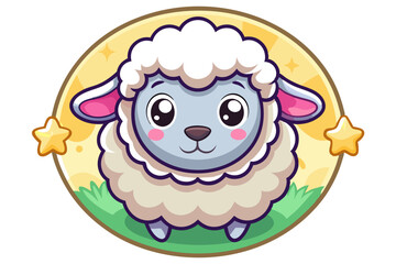 Adorable Cartoon Sheep with Big Eyes in a Circular Frame with Stars