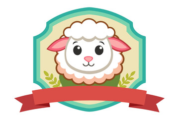 Naklejka premium Cute Cartoon Sheep Face Inside a Green and Beige Shield With a Red Ribbon Banner