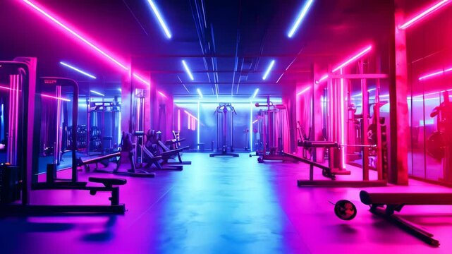 A gym with weight training equipment, illuminated by neon lights