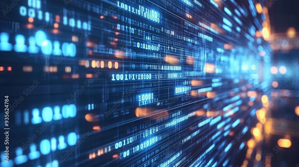 Poster abstract digital data flow with binary code in blue tones at night