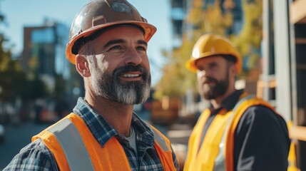 A lively conversation between workers and supervisors on a construction site, focusing on project updates and safety protocols.