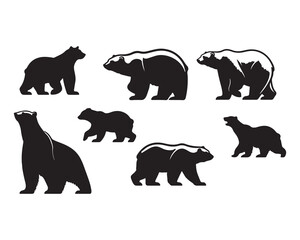 Polar bear silhouettes set, large pack of vector silhouette design, isolated white background ,Grizzly bear or polar bear silhouette flat vector icon for animal wildlife apps and websites
