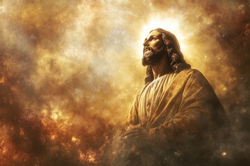 Jesus Christ In The Clouds With Brilliant Light - Ascension / End Of Time Concept with generative ai