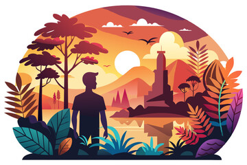 Man Standing in a Lush Landscape with a City in the Distance