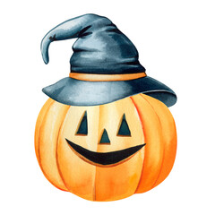 Pumpkin with witches hat watercolor on isolated background. Halloween funny pumpkin, autumn hand drawn art
