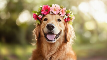 A golden retriever wearing a flower crown, capturing a moment of playful charm
