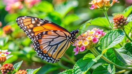 Vibrant monarch butterfly perches on delicate lantana flower, surrounded by lush greenery, basking in warm sunlight on a serene and peaceful summer afternoon.