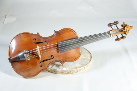 Exquisite Renaissance-era viola da gamba instrument with intricately carved neck and body, strings and frets, isolated on transparent background showcasing its classical beauty.