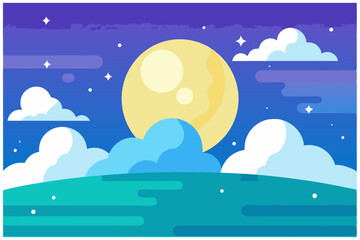 Nighttime landscape with a large yellow moon, clouds, and stars