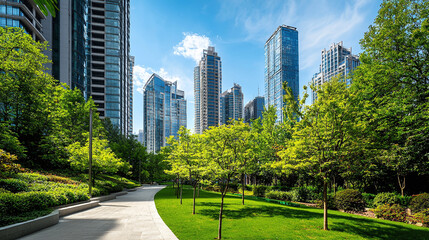 Obraz premium an urban park surrounded by high-rise buildings, showing a blend of nature and architecture