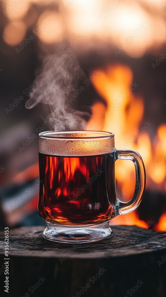 Sticker a cup of hot tea on a wooden stump in front of fire, ai