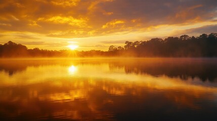 Fototapeta premium A golden sunrise over a tranquil lake, with the water reflecting the warm colors of the sky