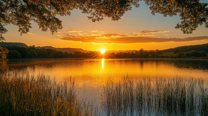 Fototapeta premium A golden sunrise over a tranquil lake, with the water reflecting the warm colors of the sky