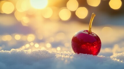 A stunning close-up of a shiny, deep red glass cherry resting on soft snow during a golden sunset. The cherry's smooth surface reflects the warm light, creating a mesmerizing contrast between the cold