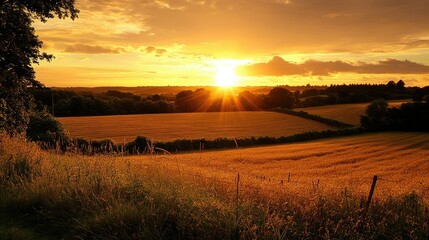 Obraz premium A golden sunset over a peaceful countryside, with the fields and trees bathed in warm light