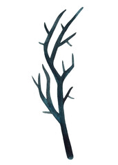 Halloween black tree branch watercolor, hand drawing silhouette of tree  isolated background, art illustration