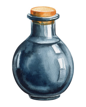 recommend clip art: Bottle with black potion isolated white background, watercolor illustration, hand drawing magic poison, alchemist bottle