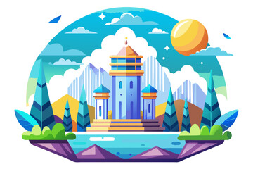 A Fantasy Castle with a Sun, Clouds, and Mountains