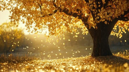 A golden tree in autumn, its leaves shimmering in the sunlight, creating a breathtaking scene