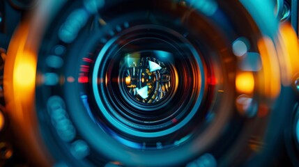 Close-up view of a camera lens with a blurred background of colorful lights.